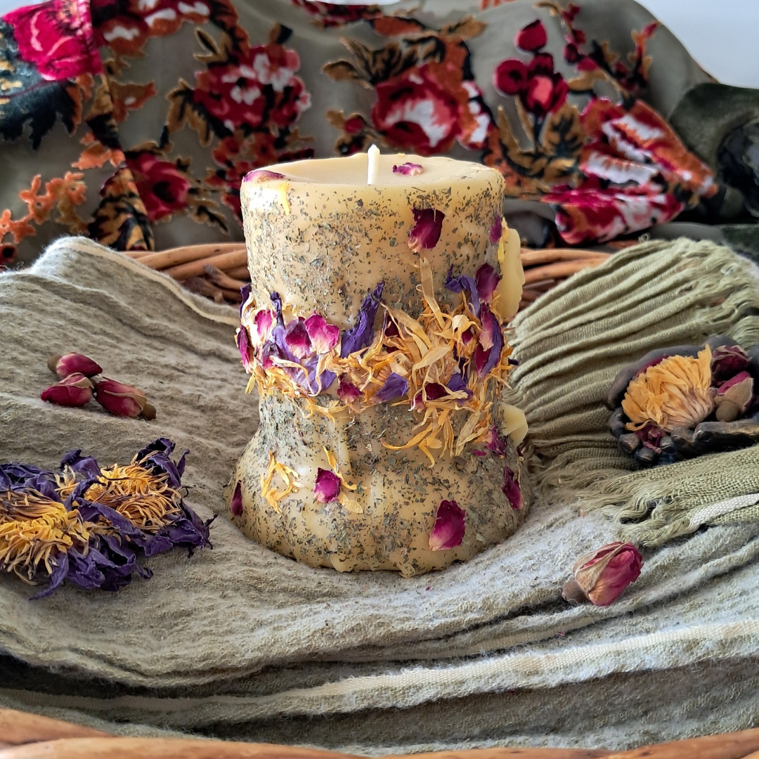 'Lunar Bloom' Full Moon Beeswax Pillar Candle ♡ Medium | 60+ hrs