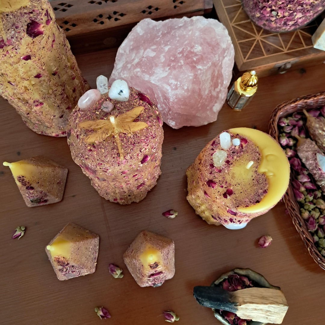 Medium Crescent Moon Beeswax Candle with Gemstones ♡ Sacred Rose