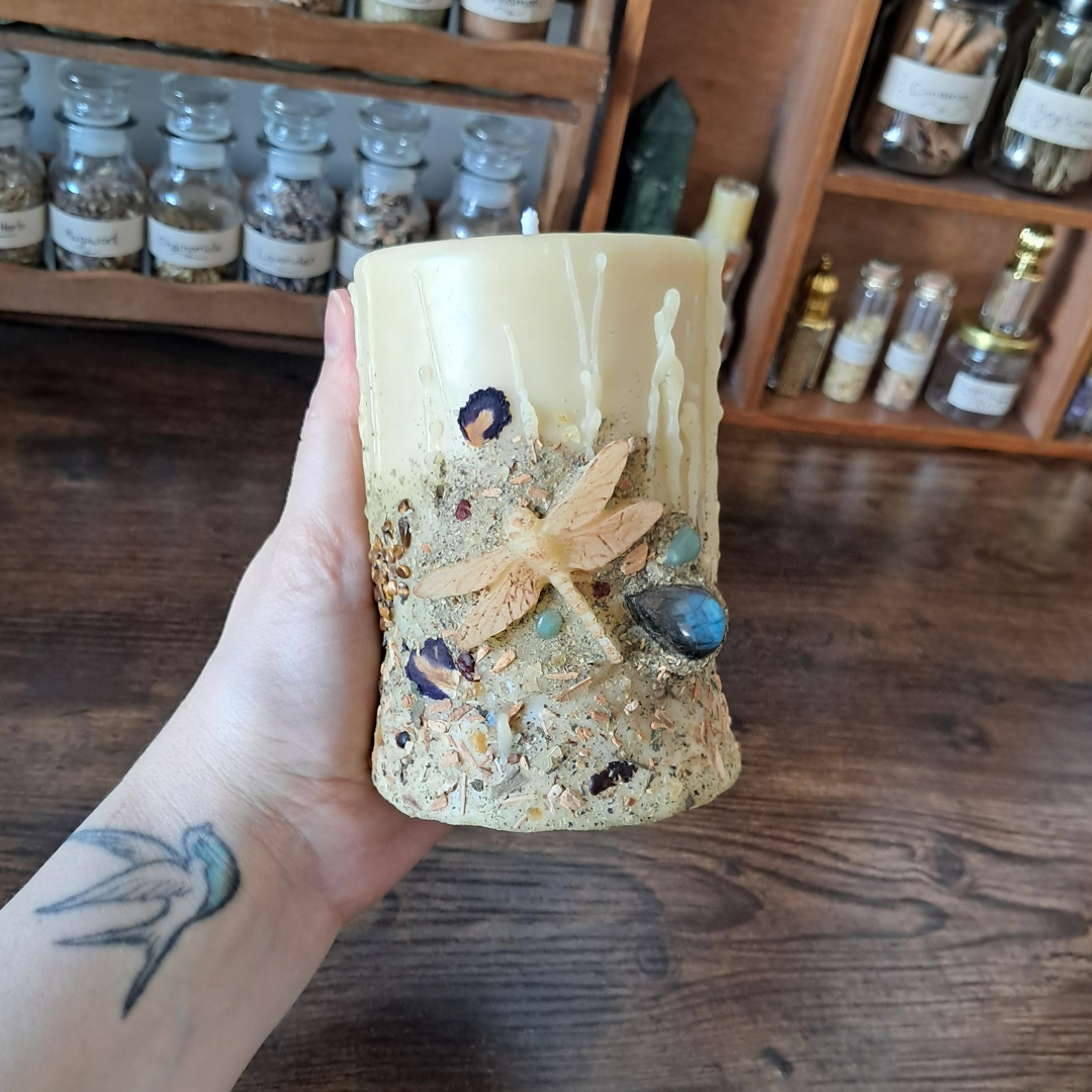 'Dragonfly' with Labradorite Medium Beeswax Pillar Candle | The Mystic's Forest