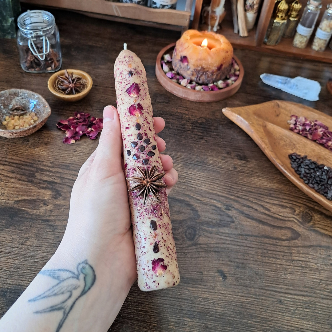 'Star Anise & Garnet' Ritual Set ♡ Botanical Beeswax Candles with Holders