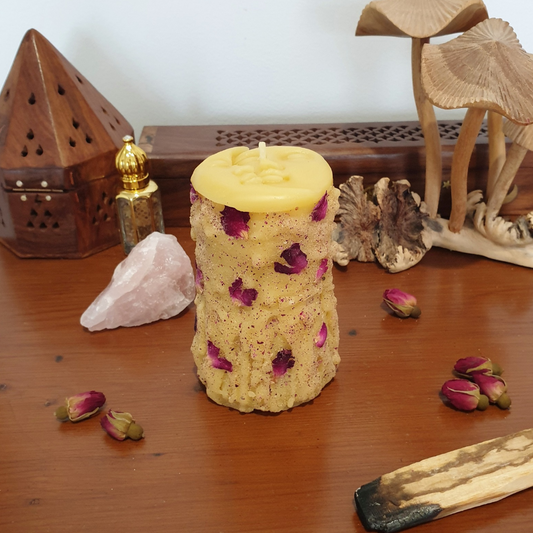 'Rose & Resin Moon' Small Pillar Beeswax Candle | 25 Hrs ♡ One-of-a-kind