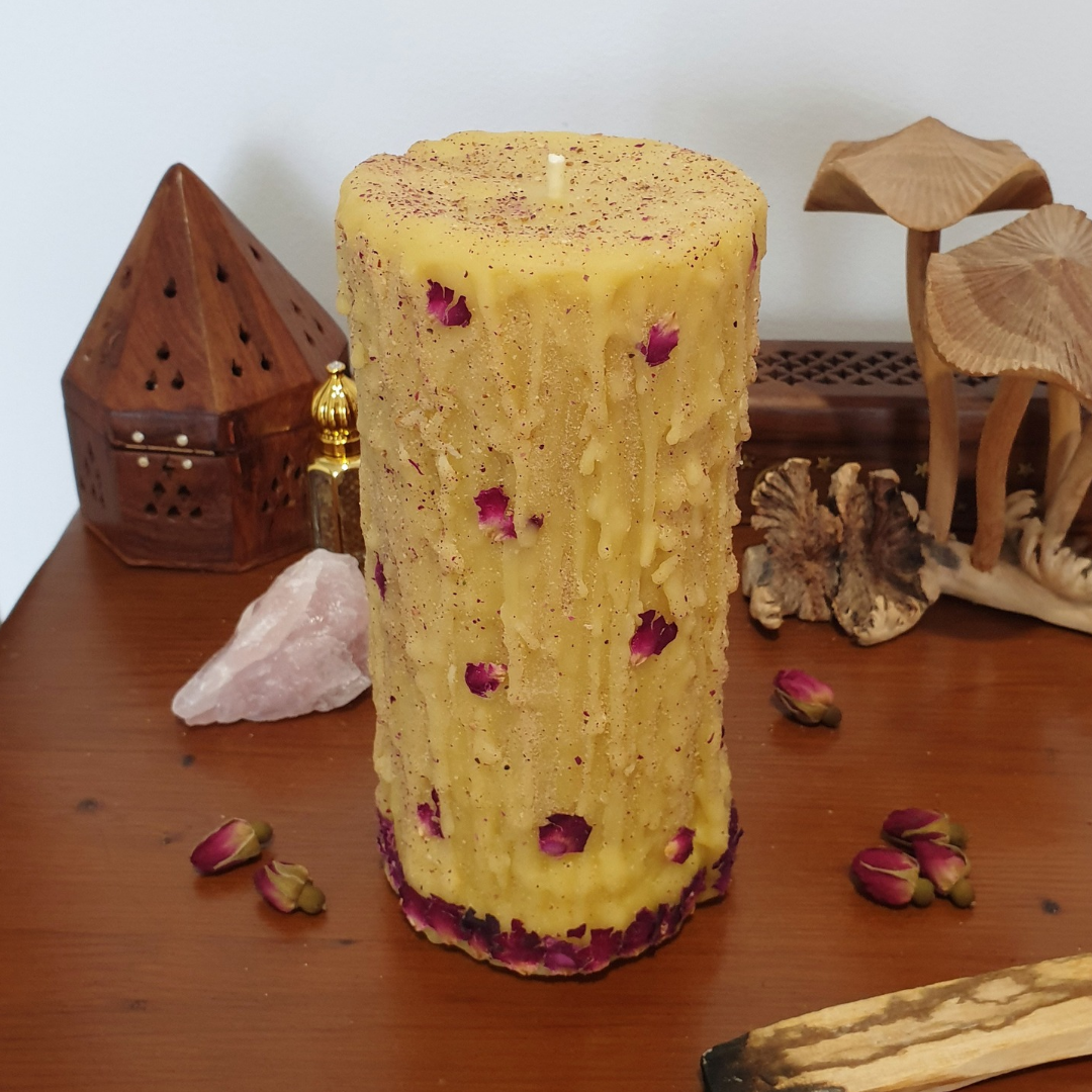 'Rose Mystic Moon' Beeswax Large Pillar Candle | 110+ hrs ♡ One-of-a-Kind