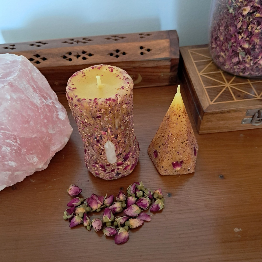 Set of 2 Beeswax Candles (Small Rose Quartz Pillar & Mini Dragon's Blood Pyramid) ♡ Sacred Rose