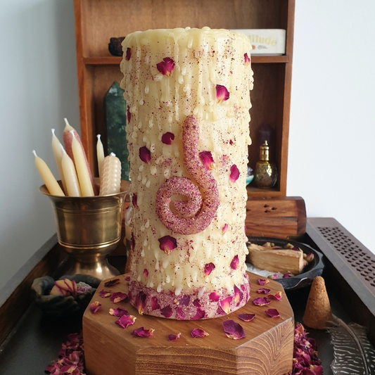 Serpent 'Rebirth' Large Beeswax Pillar Candle with Rose & Dragon's Blood | 100+ hrs