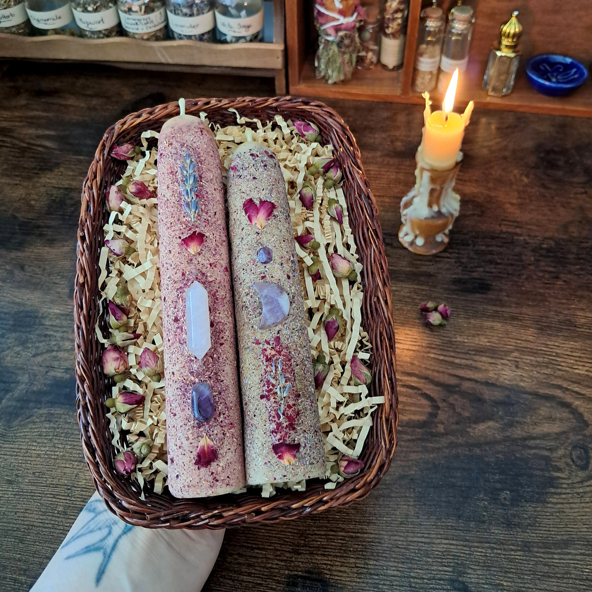 Rose & Lavender Beeswax Taper Candle Duo | with Rose Quartz & Amethyst