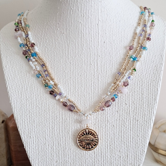 'Eclectic Charm' Beaded Necklace with 14k Gold-plated Evil Eye Pendant