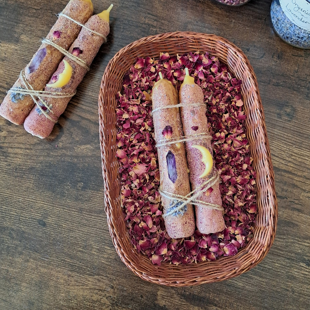 'Lavender Dreams' ♡ Taper Beeswax Candles with Amethyst (Pair) ♡ One-of-a-kind