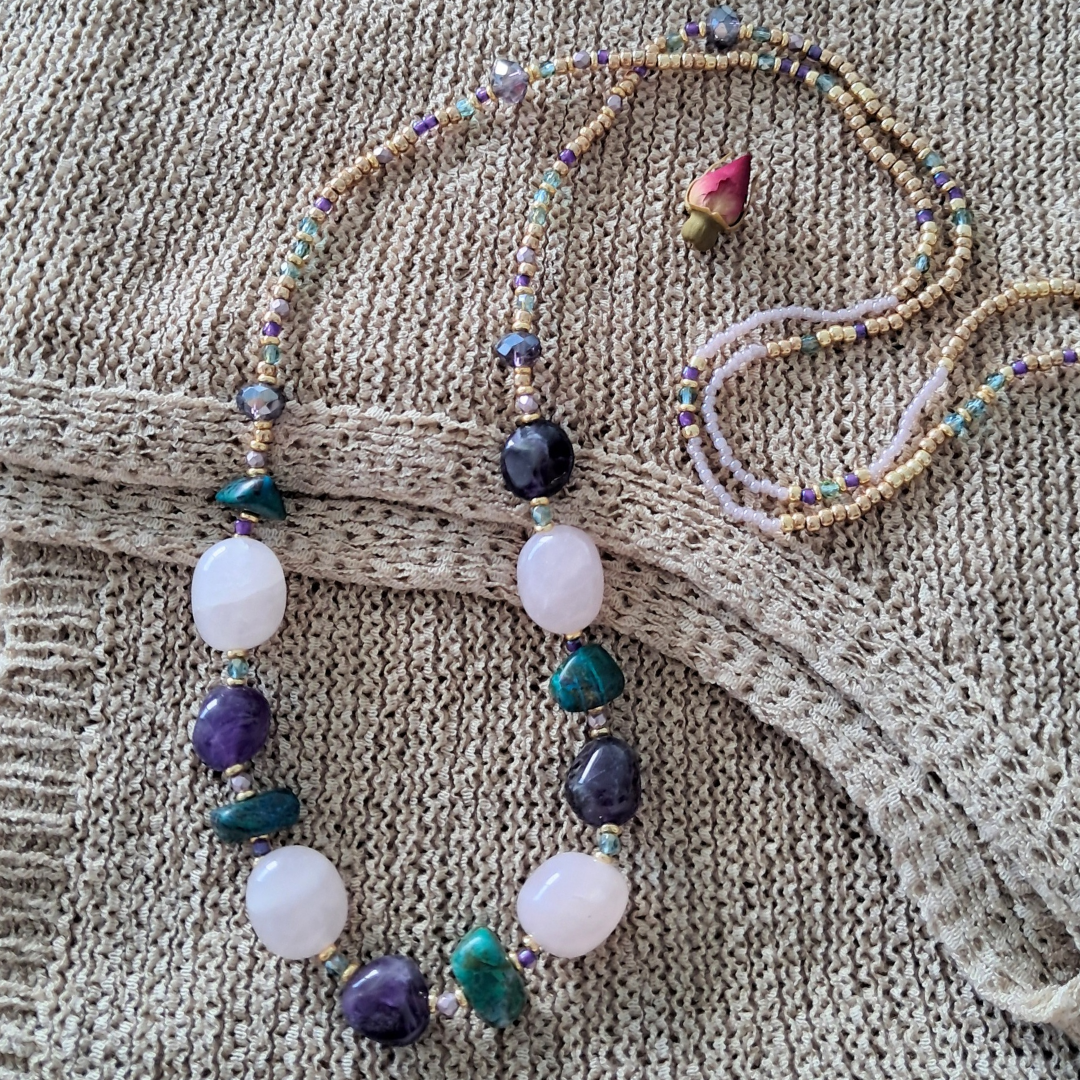 Rose Quartz, Amethyst & Turquoise Bead Necklace | One-of-a-kind