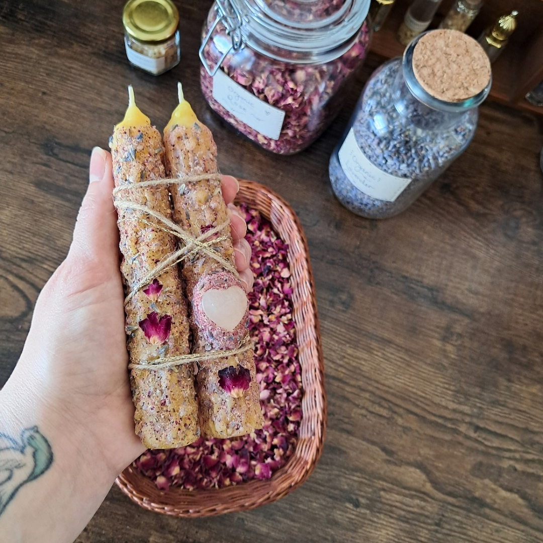 'Lavender Dreams' Beeswax Taper Candles with Rose Quartz (Pair) ♡ One-of-a-kind