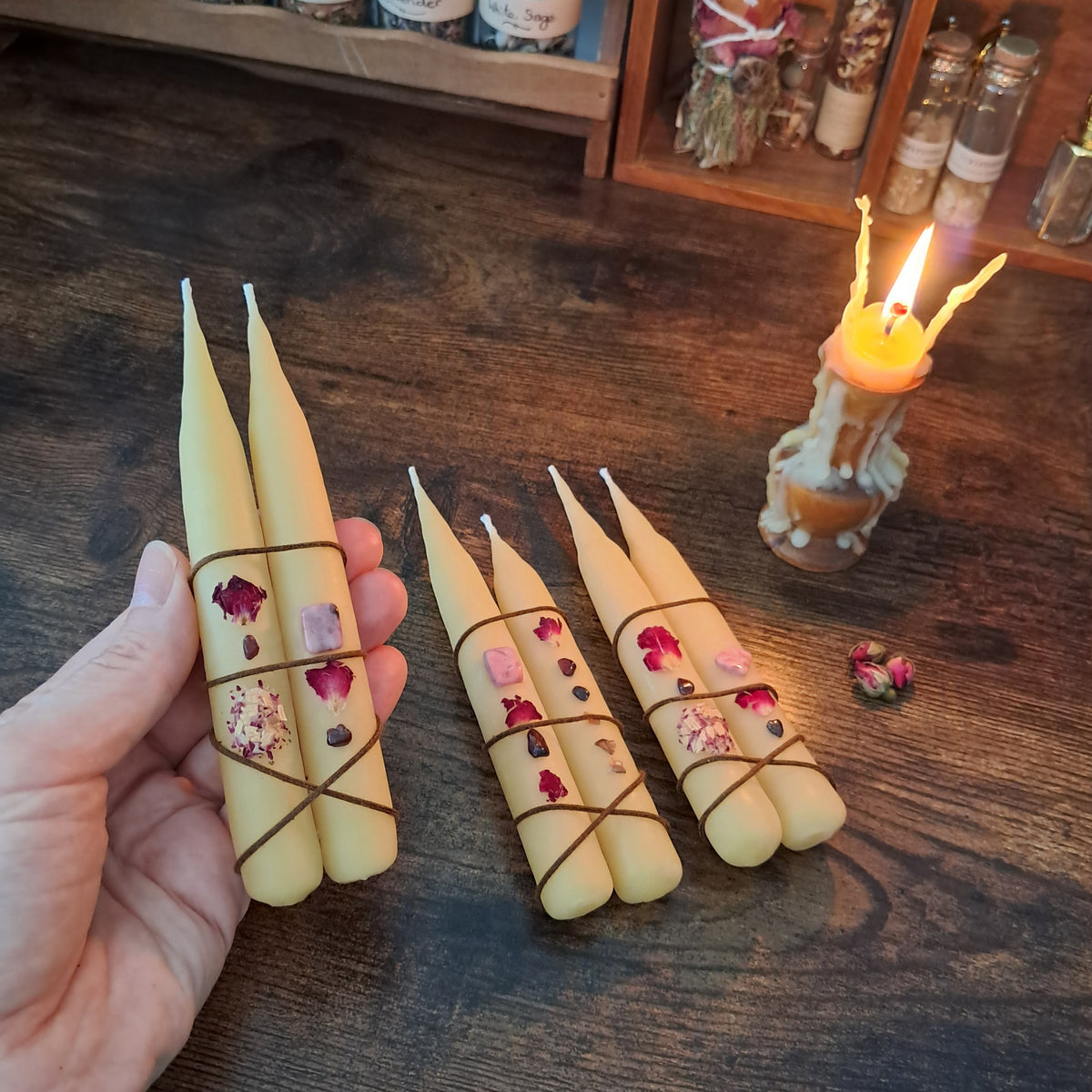 Mini Beeswax Taper Candles (Pair) ♡ with Rhodonite & Garnet Gemstones