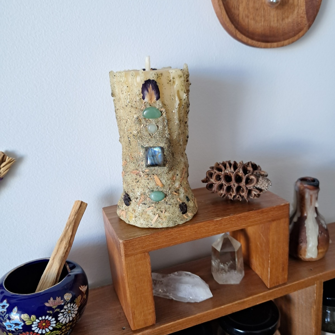 Small Beeswax Pillar Candle with a Square Labradorite & Green Aventurine | The Mystic's Forest