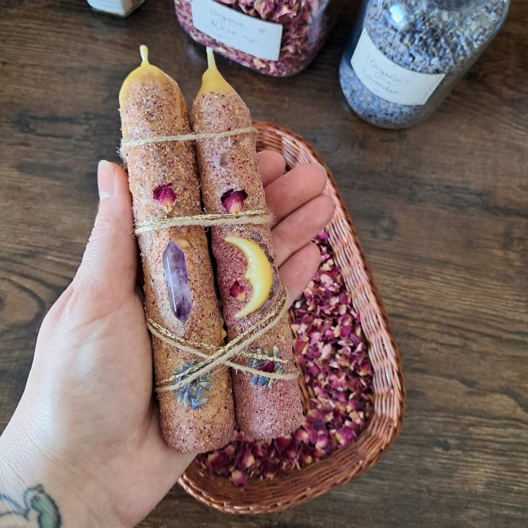 'Lavender Dreams' Beeswax Taper Candles with Amethyst (Pair) ♡ One-of-a-kind