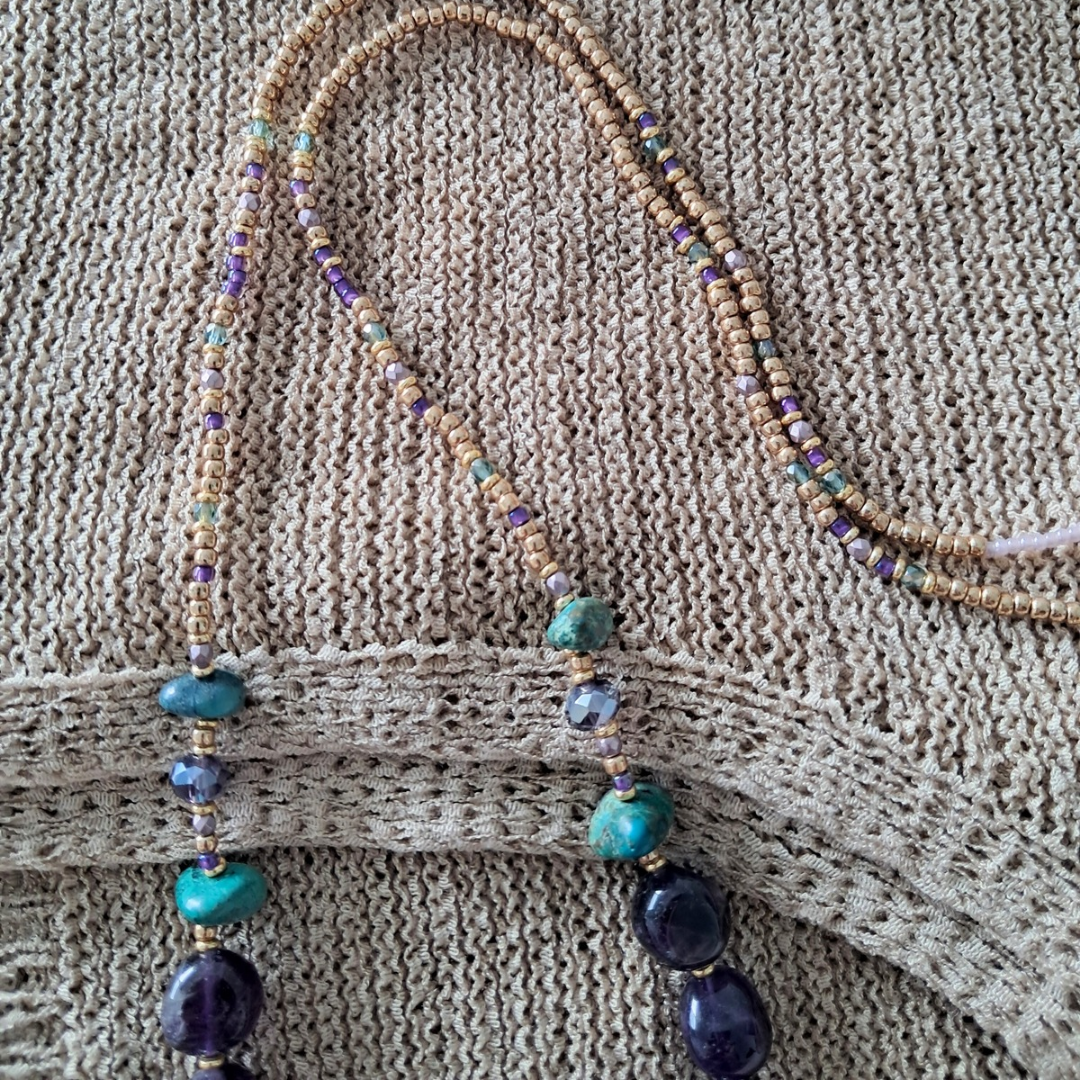 Amethyst & Turquoise Long Bead Necklace