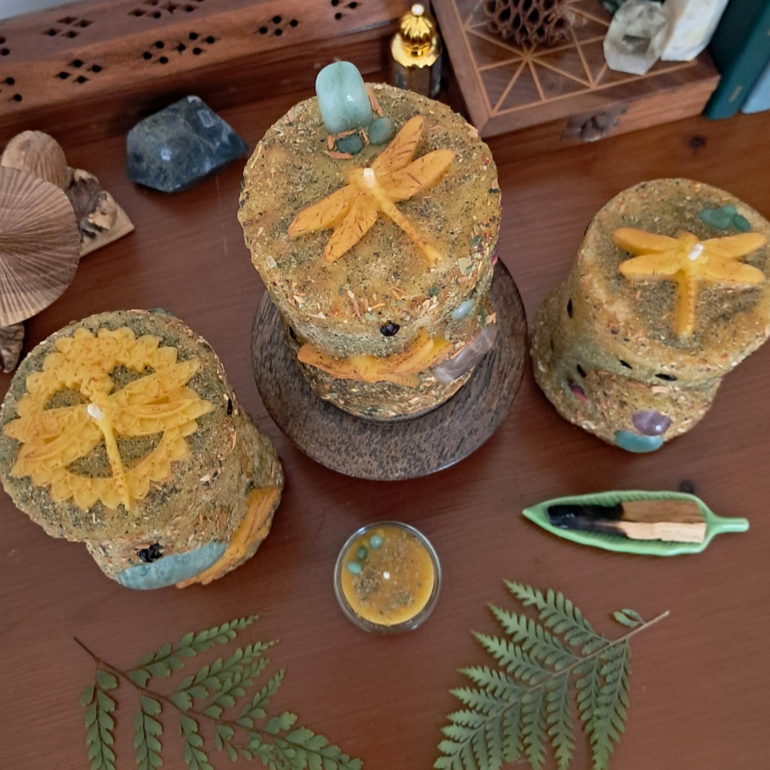 'Moonstone & Aventurine Dragonfly' Medium Beeswax Pillar Candle | The Mystic's Forest