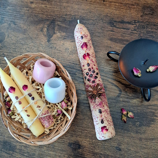 'Star Anise & Garnet' Ritual Set ♡ Botanical Beeswax Candles with Holders