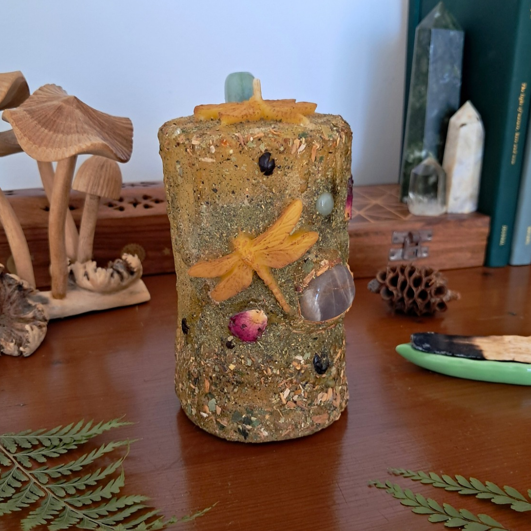 'Moonstone & Aventurine Dragonfly' Medium Beeswax Pillar Candle | The Mystic's Forest