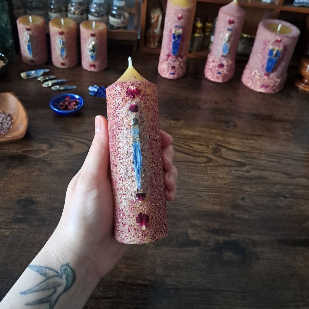 Kyanite & Rose Beeswax Pillar Candle | One-of-a-kind