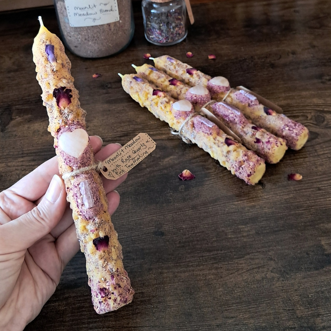 'Moonlit Meadow' Beeswax Taper Candle 21cm (Single) with Rose Quartz & Pink Tourmaline