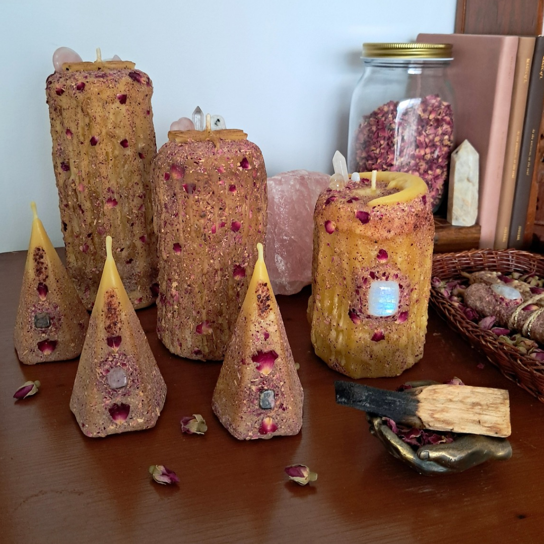 Medium Crescent Moon Beeswax Candle with Gemstones ♡ Sacred Rose