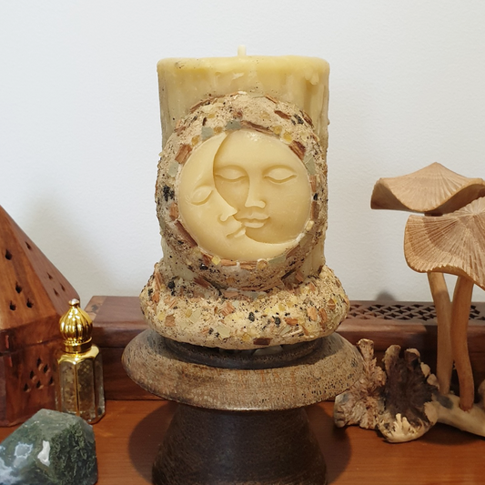 'Celestial Earth' Moon Beeswax Pillar Candle with Herbs & Woods | 75 hrs
