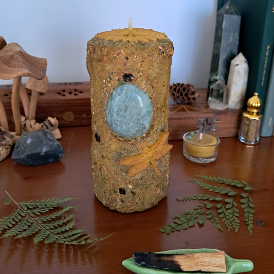 'Amazonite Dragonfly' Large Beeswax Pillar Candle | The Mystic's Forest