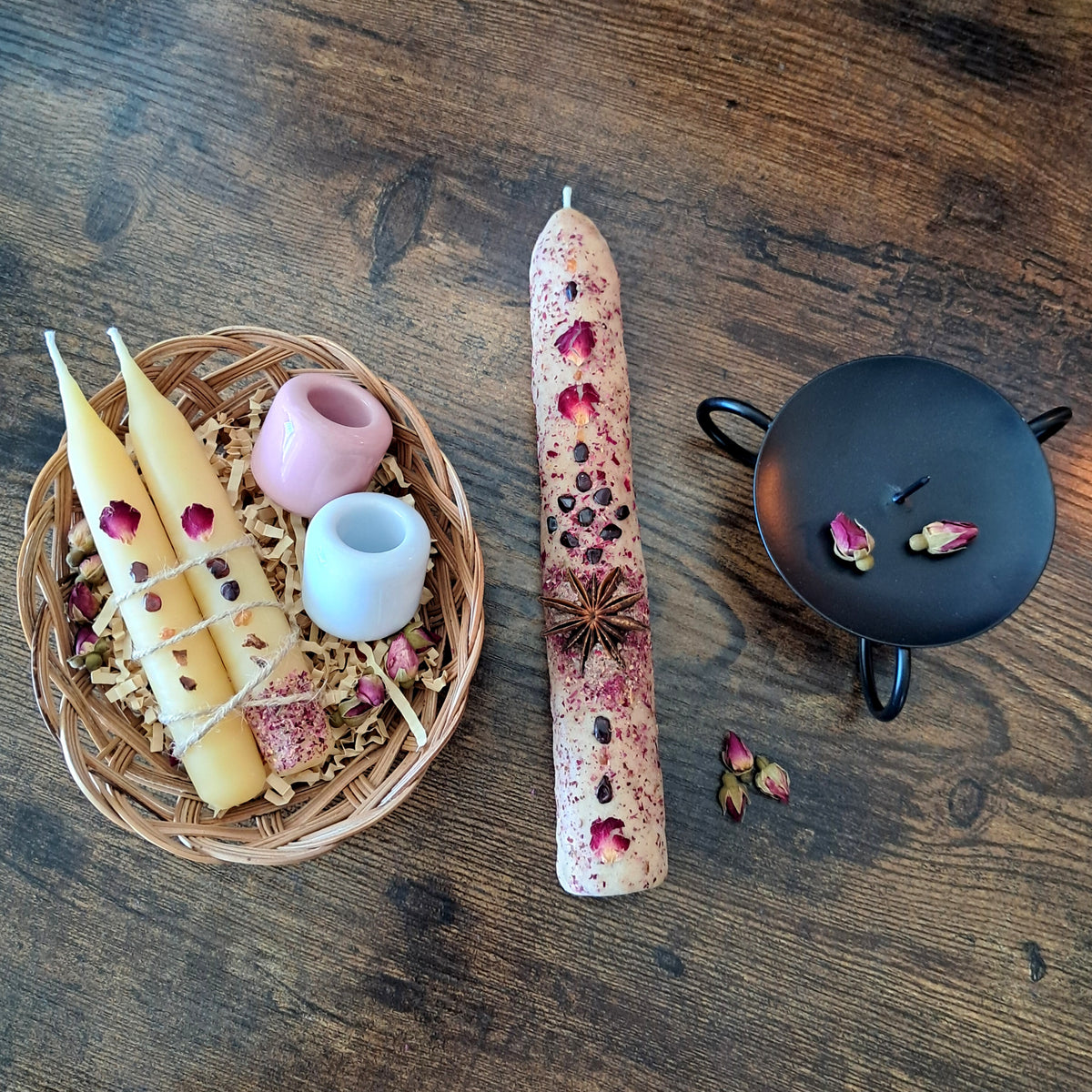 'Star Anise & Garnet' Ritual Set ♡ Botanical Beeswax Candles with Holders