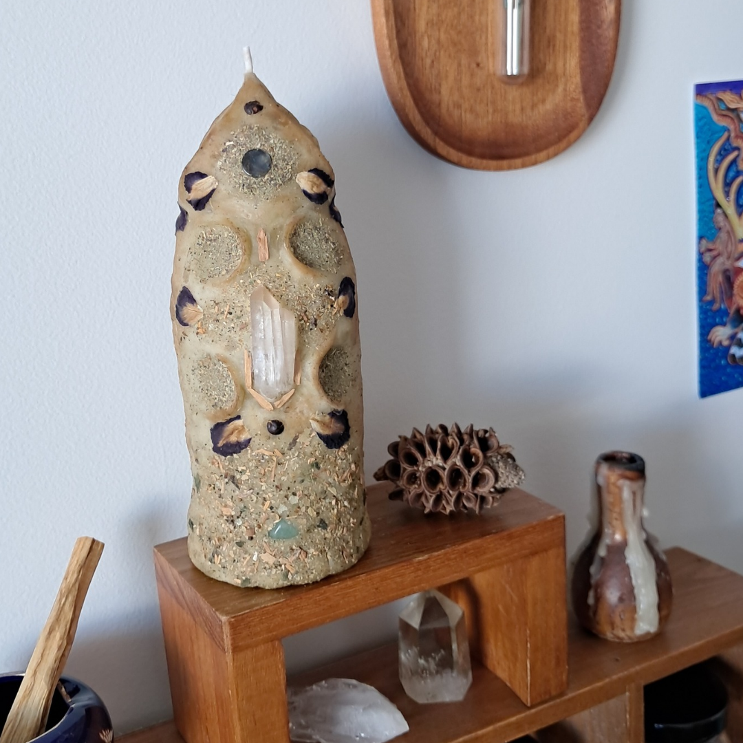 'Guardian of the Mystic’s Forest' Beeswax Candle with Lemurian Quartz #2