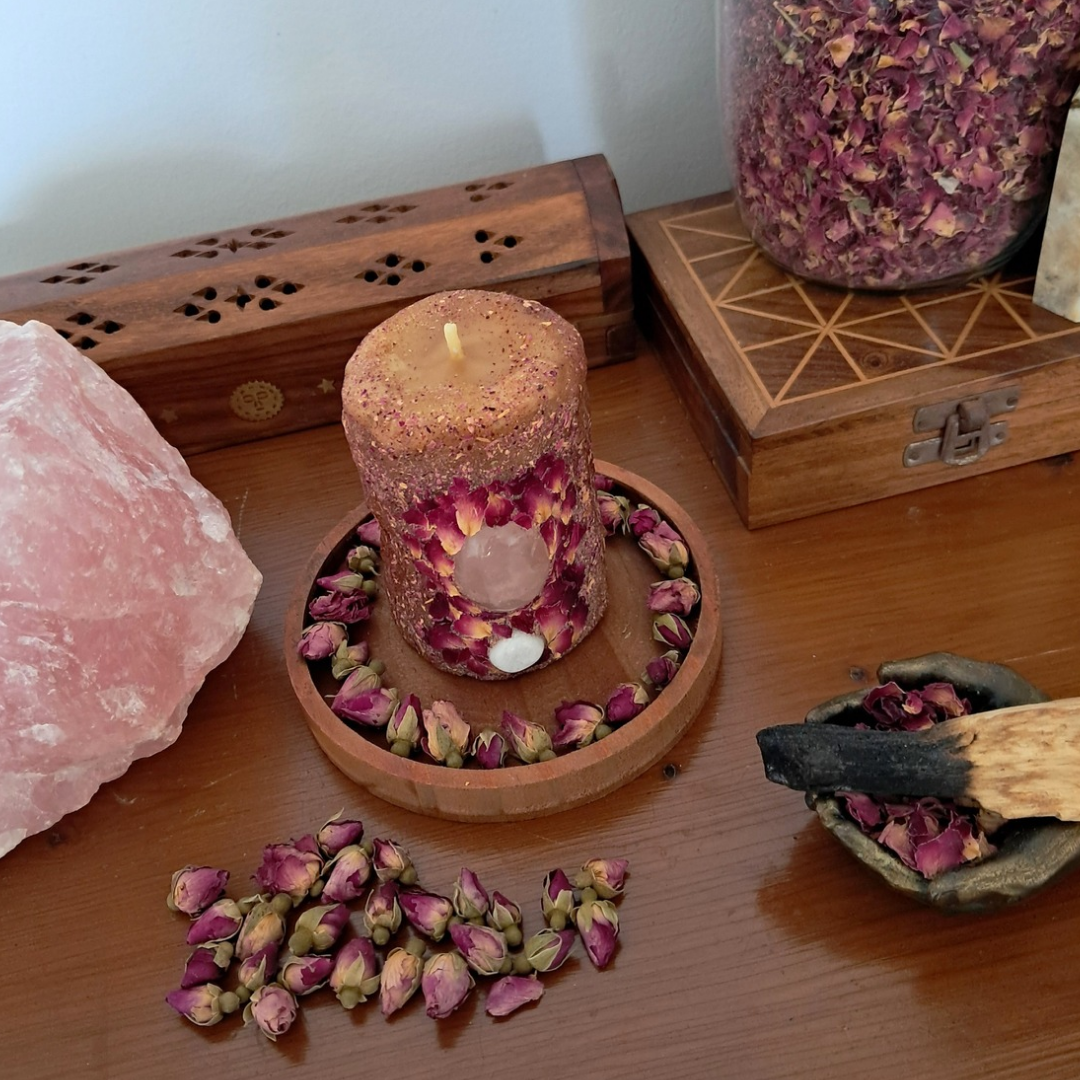 Small Rose Petal Beeswax Candle With Rose Quartz & Moonstone ♡ Sacred Rose
