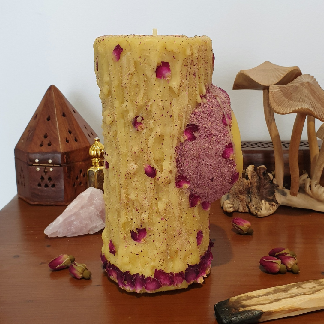'Rose Mystic Moon' Beeswax Large Pillar Candle | 110+ hrs ♡ One-of-a-Kind