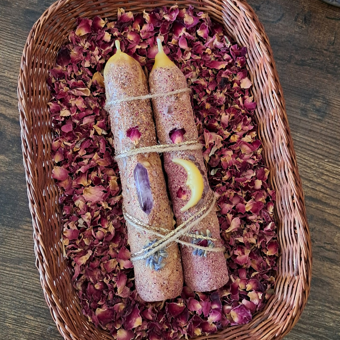'Lavender Dreams' Beeswax Taper Candles with Amethyst (Pair) ♡ One-of-a-kind