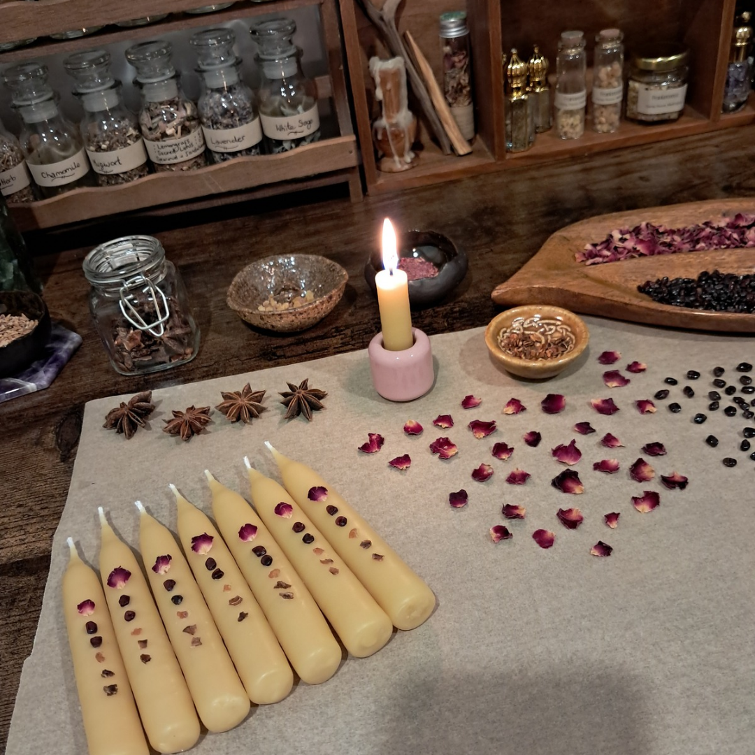 Mini Beeswax Taper Candles (Pair) ♡ with Rhodonite & Garnet Gemstones