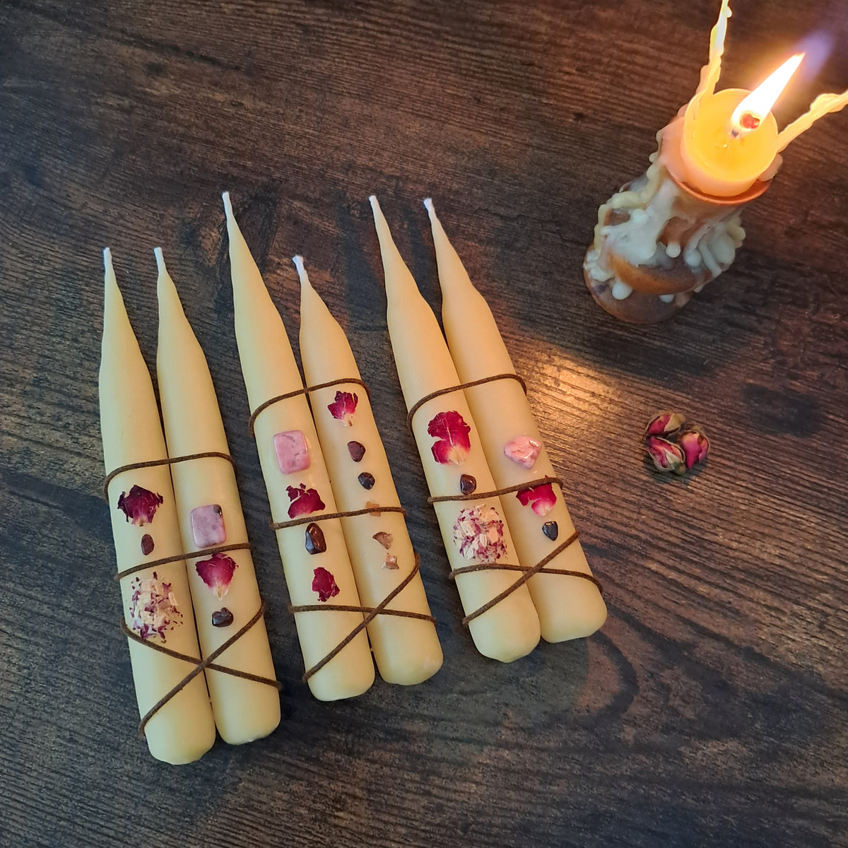 Mini Beeswax Taper Candles (Pair) ♡ with Rhodonite & Garnet Gemstones