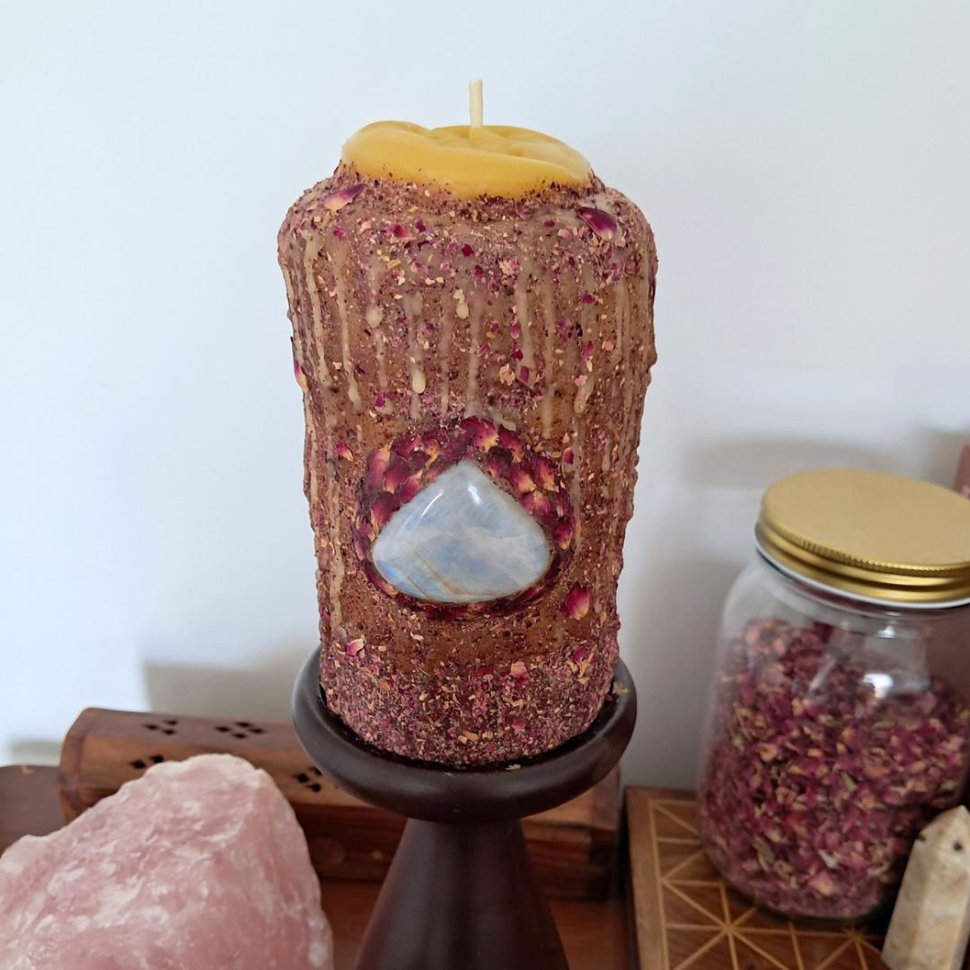 Sun/Moon Beeswax Candle with Rainbow Moonstone (15 x 8cm) ♡ Sacred Rose