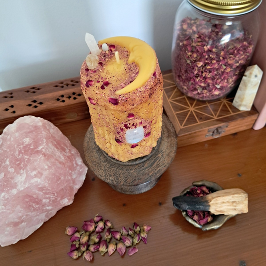 Medium Crescent Moon Beeswax Candle with Gemstones ♡ Sacred Rose