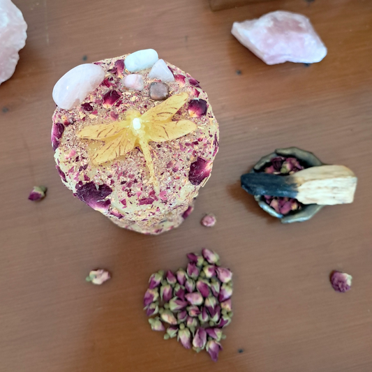 Extra Large Dragonfly Beeswax Candle with Gemstones ♡ Sacred Rose