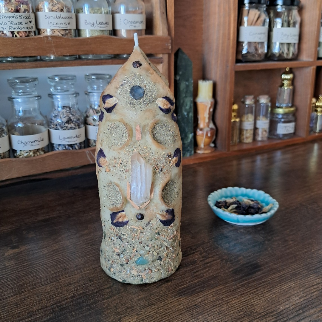 'Guardian of the Mystic’s Forest' Beeswax Candle with Lemurian Quartz #2