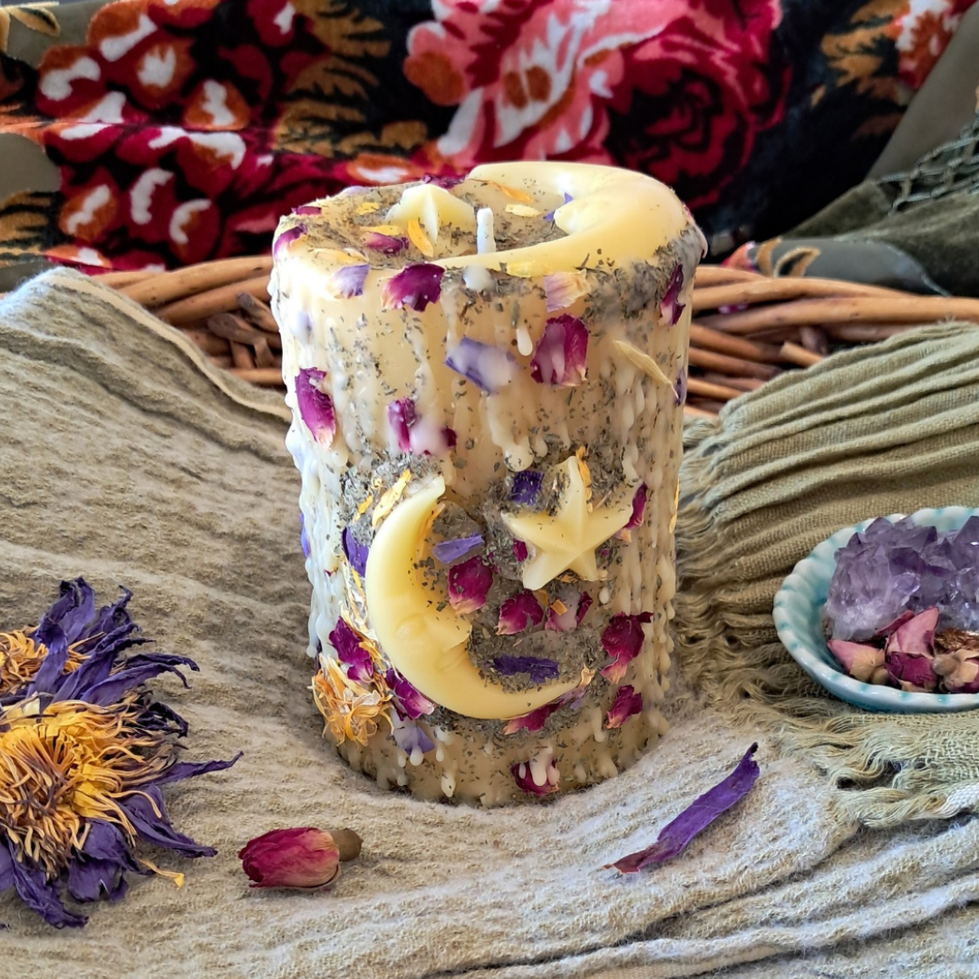 'Lunar Bloom' Beeswax Pillar Candle ♡ Medium | 60+ hrs