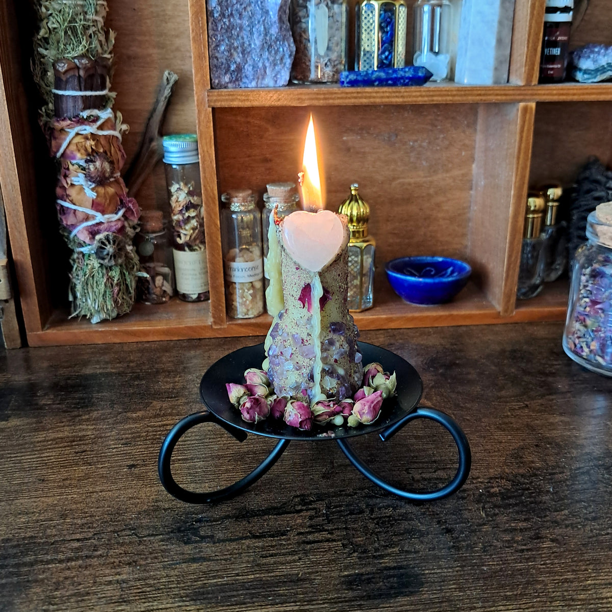 'The Secret Garden' ♡ Beeswax Taper Candle | Rose Quartz & Green Aventurine (Single)