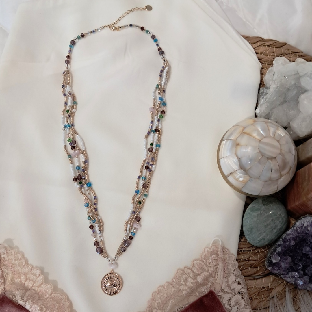'Eclectic Charm' Beaded Necklace with 14k Gold-plated Evil Eye Pendant