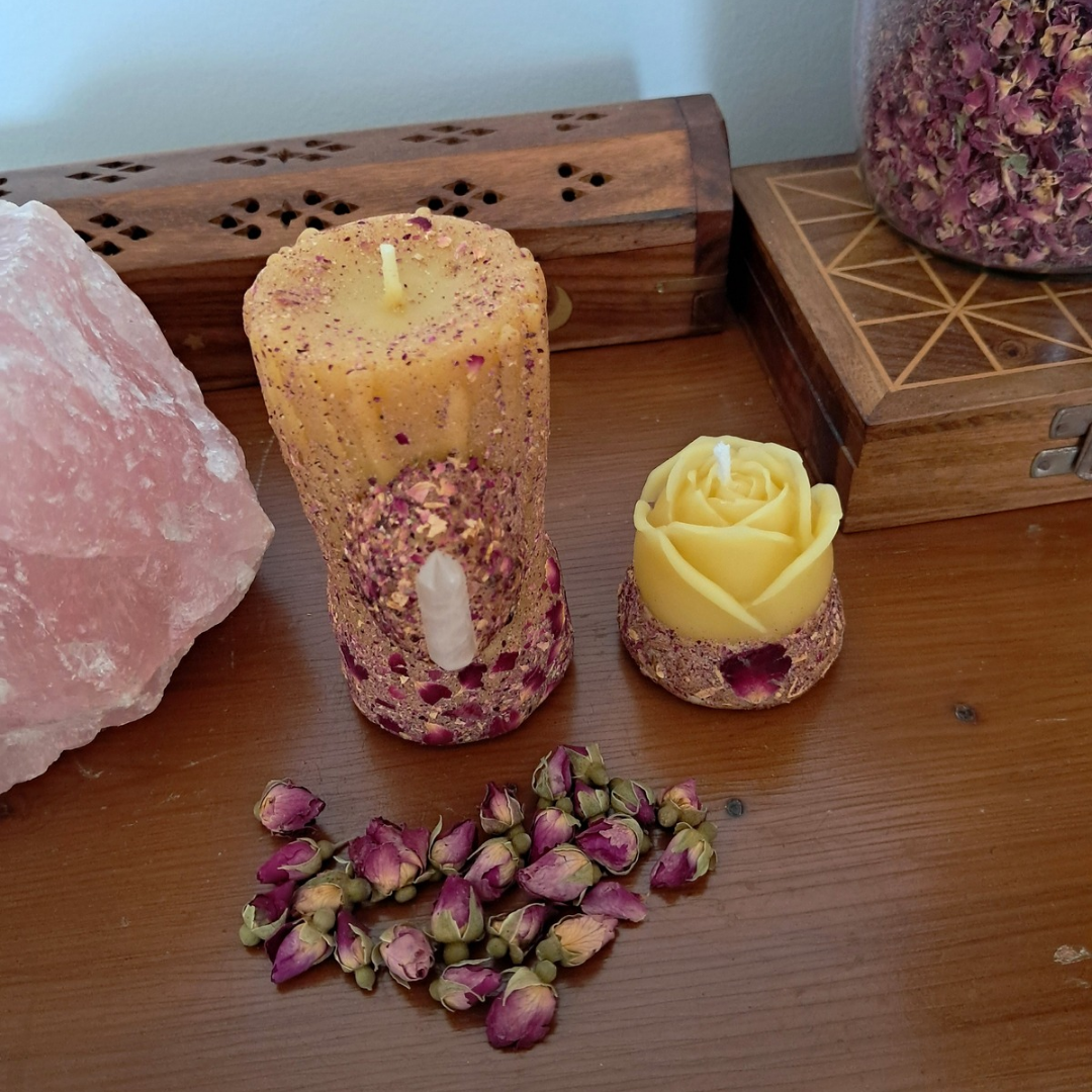 Set of 2 Beeswax Candles (Small Rose Quartz Pillar & Mini Rose) ♡ Sacred Rose