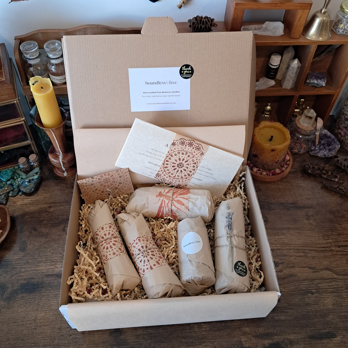 Rose & Lavender Beeswax Taper Candle Duo | with Rose Quartz & Amethyst