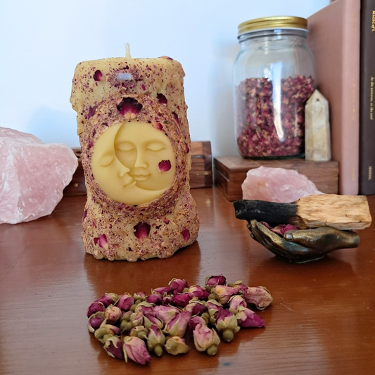 Sun/Moon Beeswax Pillar Candle ♡ Sacred Rose with tiny Rainbow Moonstone