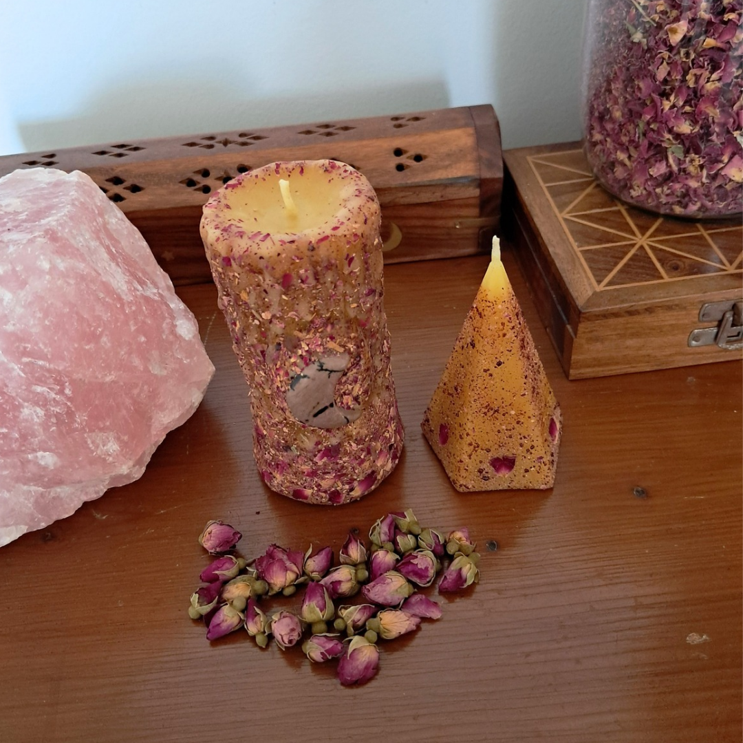 Set of 2 Beeswax Candles (Small Rhodinite Pillar & Mini Dragon's Blood Pyramid) ♡ Sacred Rose