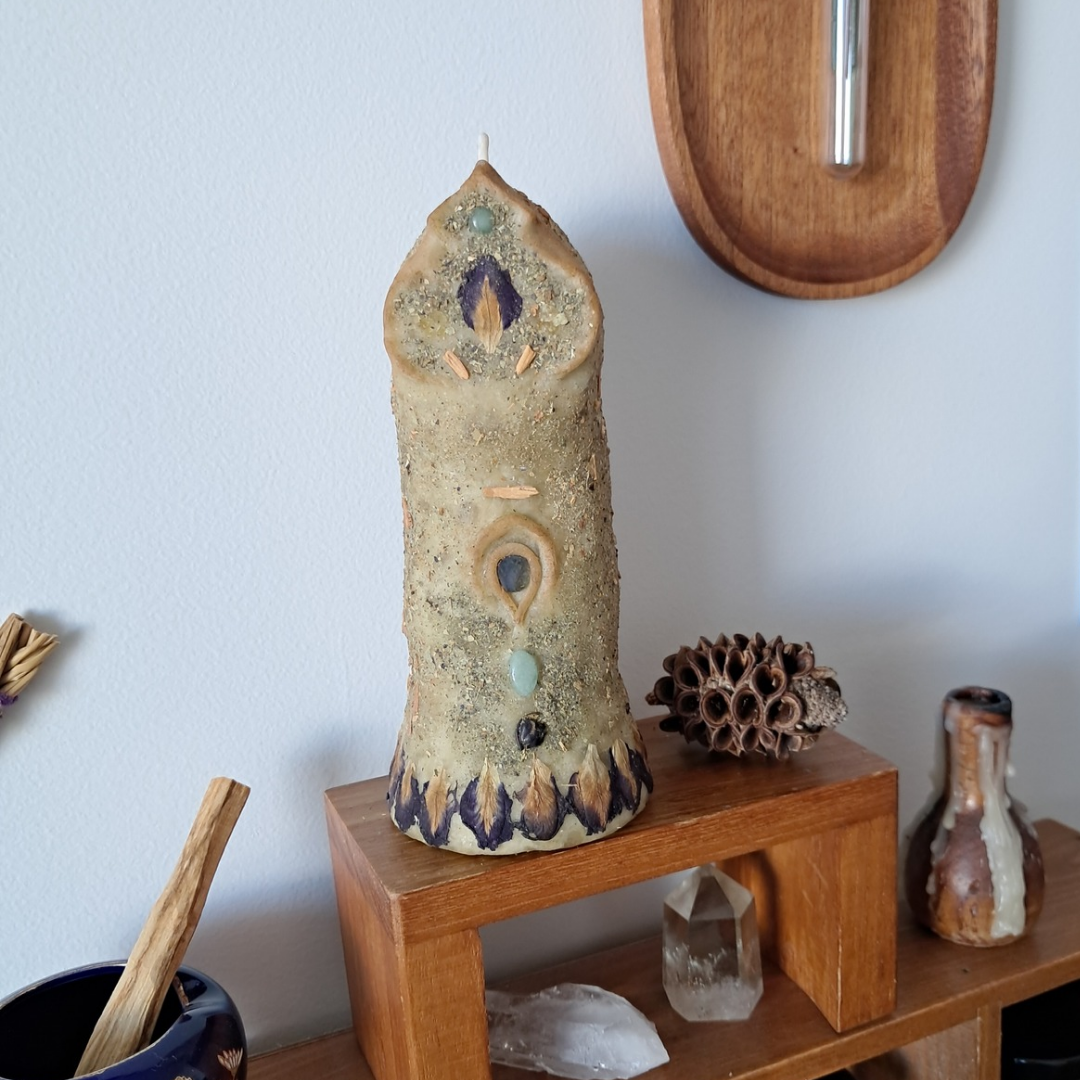 'Guardian of the Mystic’s Forest' Beeswax Candle with Lemurian Quartz #3