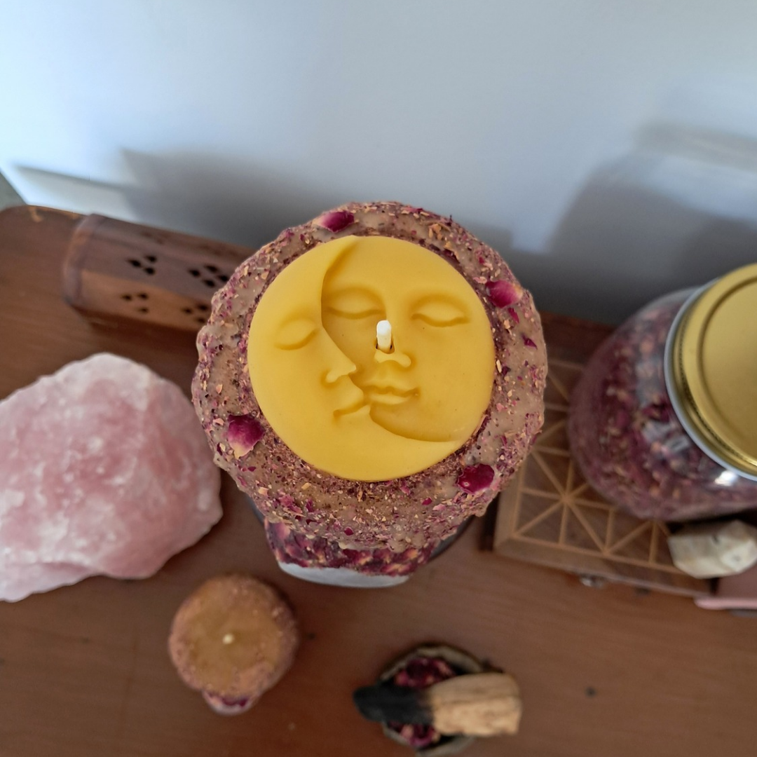 Sun/Moon Beeswax Candle with Rainbow Moonstone (15 x 8cm) ♡ Sacred Rose