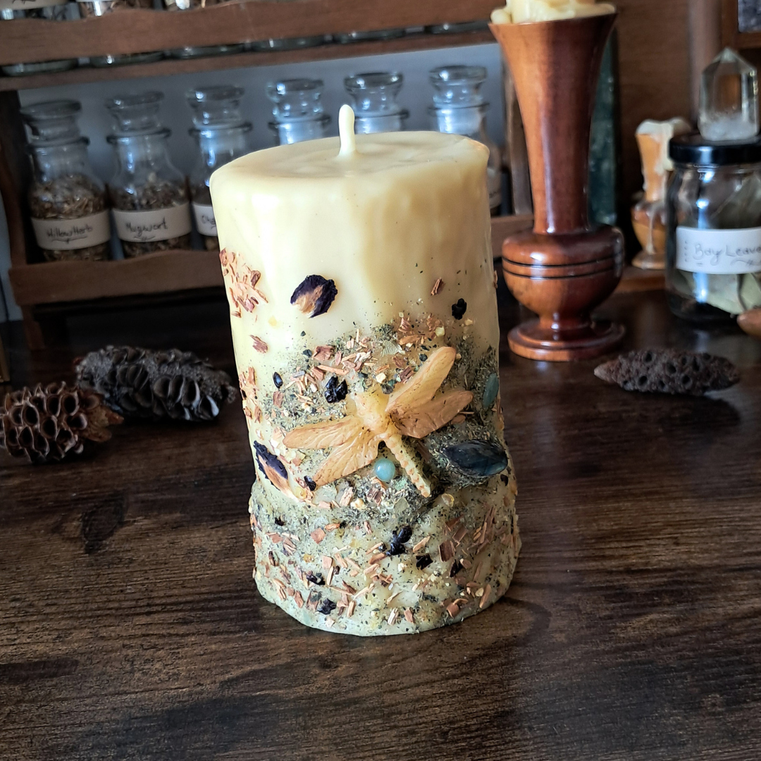 Dragonfly Beeswax Pillar Candle | The Mystic's Forest