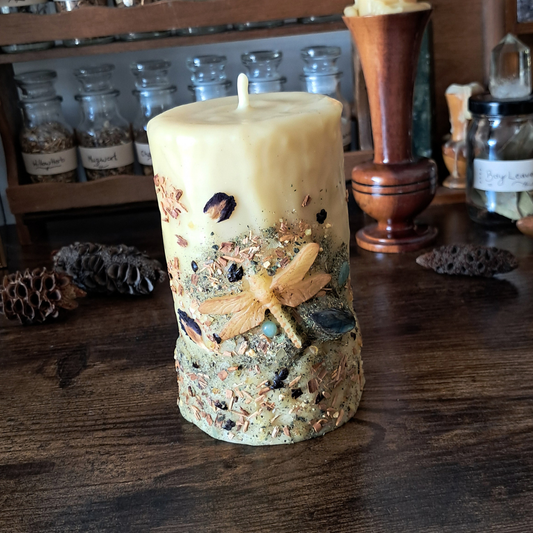 Dragonfly Beeswax Pillar Candle | The Mystic's Forest