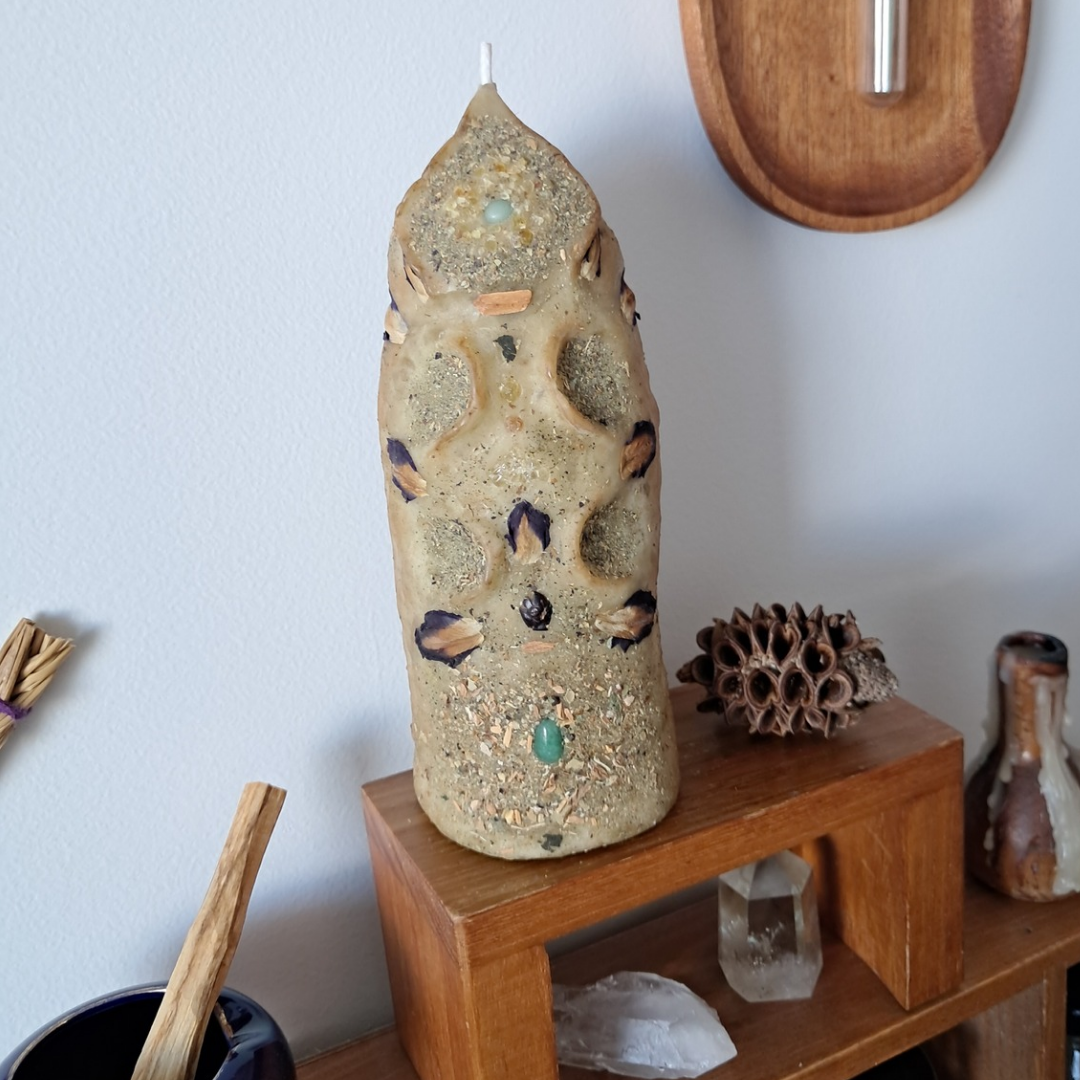 'Guardian of the Mystic’s Forest' Beeswax Candle with Lemurian Quartz #2