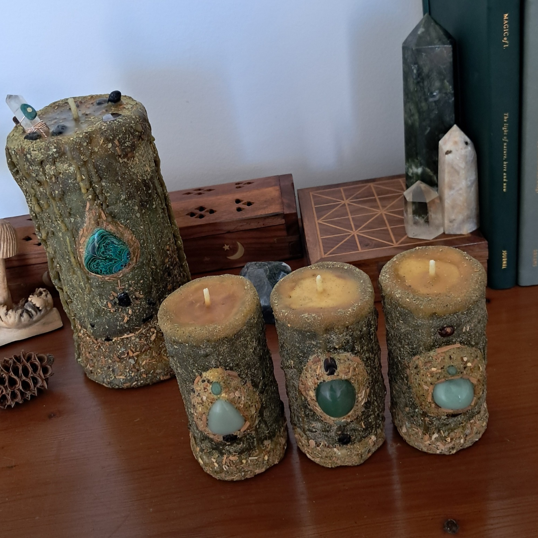 'Aventurine Gemstone' Small Beeswax Pillar Candle | The Mystic's Forest
