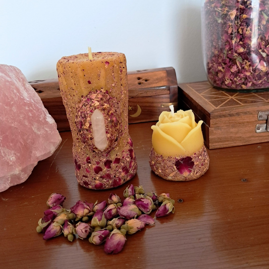 Set of 2 Beeswax Candles (Small Rose Quartz Pillar & Mini Rose) ♡ Sacred Rose